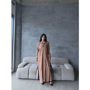 Pantolon yırtmaçlı elbise ikili triko takım vizon elf