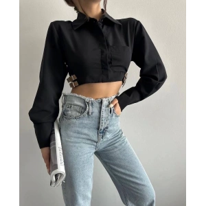 Yanı kemer detaylı crop gömlek siyah s4009
