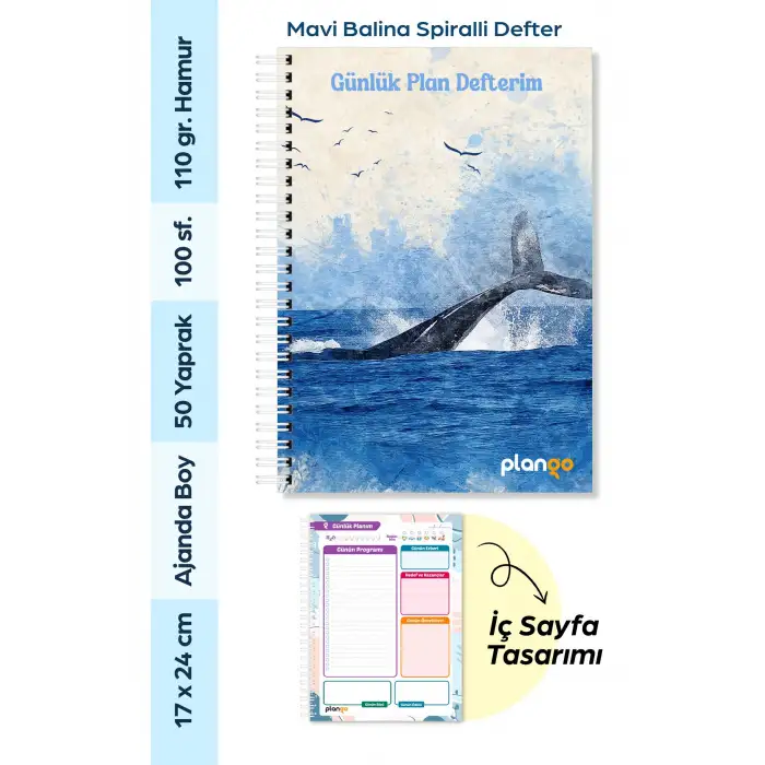Mavi Balina Spiralli Günlük Planlama Defteri - 100 Sayfa - 17x24 Planlayıcı Defter