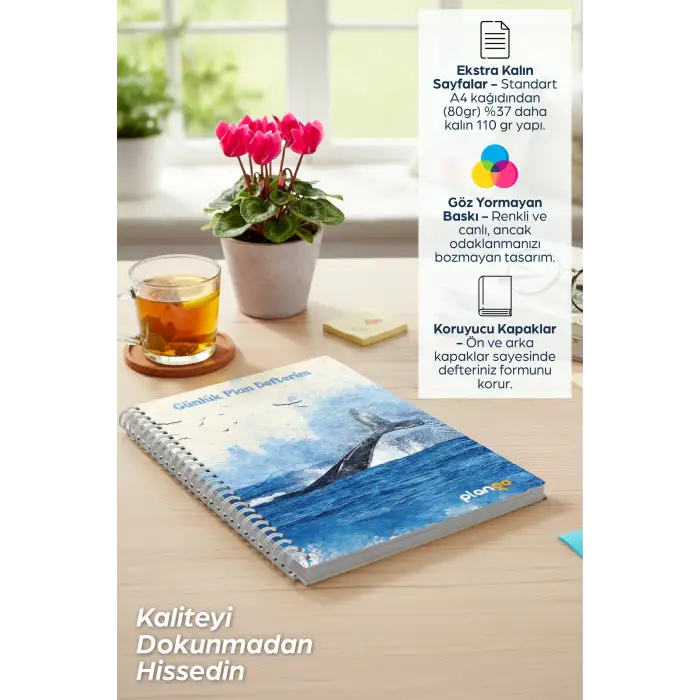 Mavi Balina Spiralli Günlük Planlama Defteri - 100 Sayfa - 17x24 Planlayıcı Defter