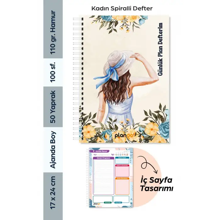 Şapkalı Kadın Spiralli Günlük Planlama Defteri - 100 Sayfa - 17x24 Planlayıcı Defter