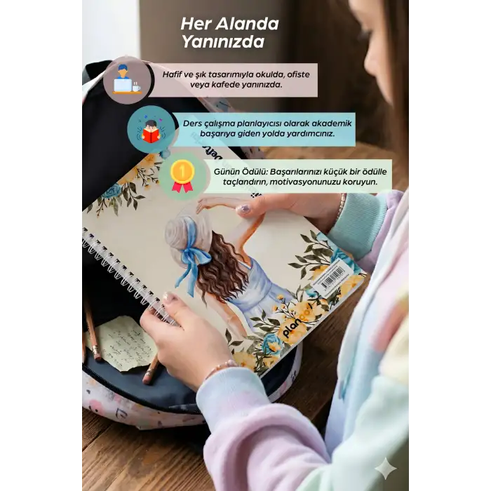 Şapkalı Kadın Spiralli Günlük Planlama Defteri - 100 Sayfa - 17x24 Planlayıcı Defter