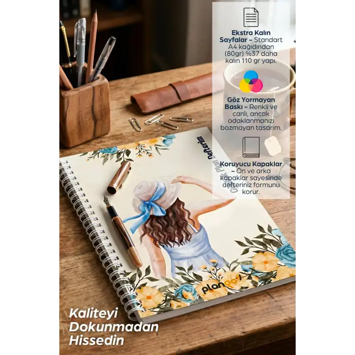 Şapkalı Kadın Spiralli Günlük Planlama Defteri - 100 Sayfa - 17x24 Planlayıcı Defter