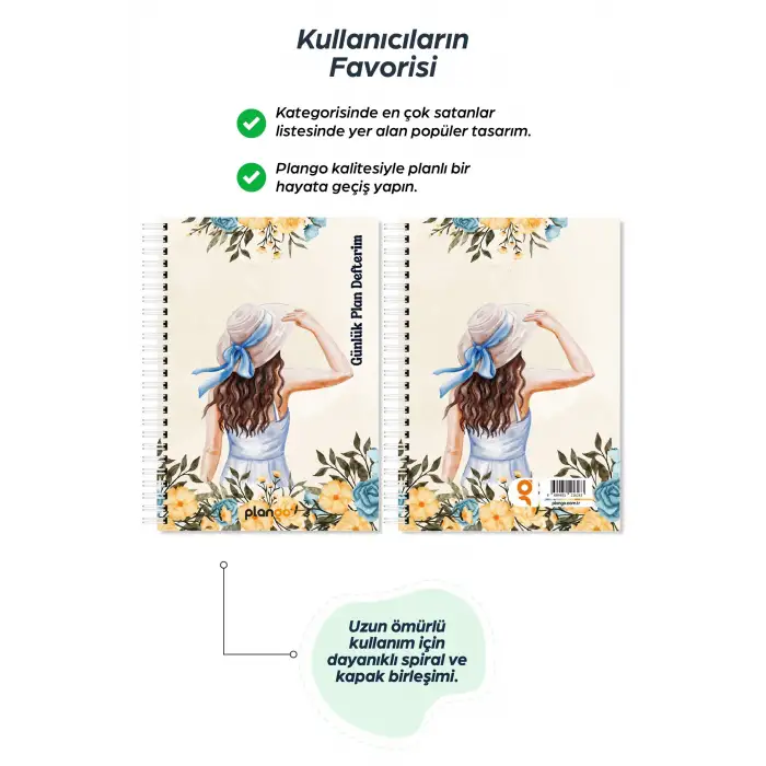 Şapkalı Kadın Spiralli Günlük Planlama Defteri - 100 Sayfa - 17x24 Planlayıcı Defter