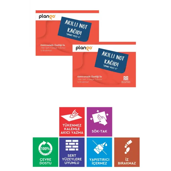 Kırmızı - Elektrostatik Akıllı Not Kağıdı 2 ADET Yapışkansız Post-it 7x10cm - 100  Sayfa - Plango