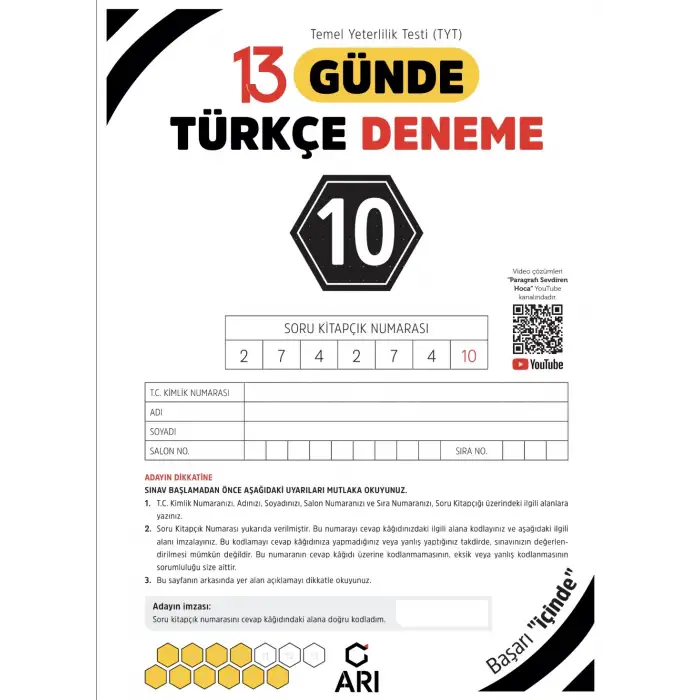 TYT Türkçe 13 Günde Deneme - 13x40 Branş Deneme - Arı Yayınları