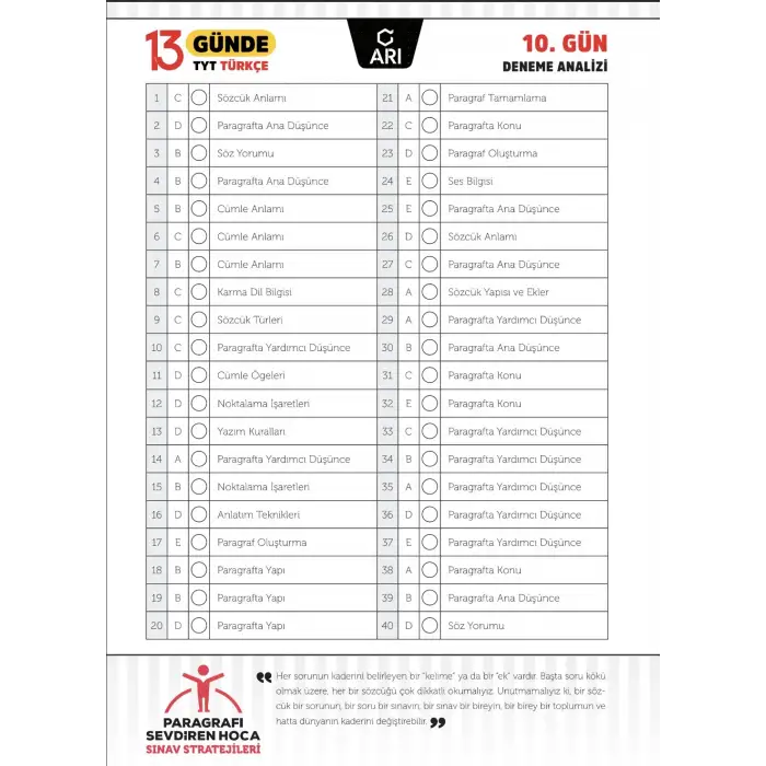TYT Türkçe 13 Günde Deneme - 13x40 Branş Deneme - Arı Yayınları