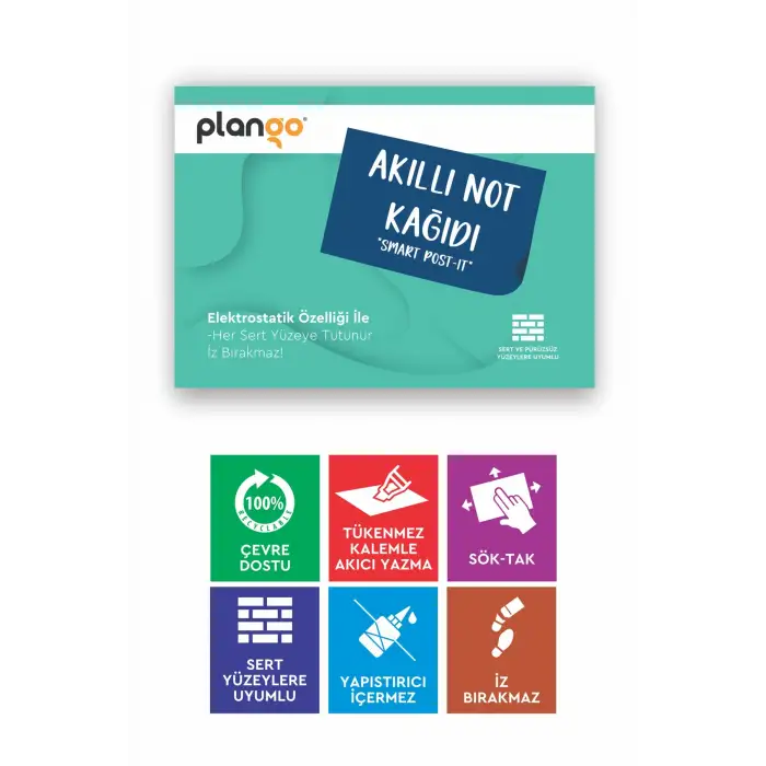 TURKUAZ - Elektrostatik Akıllı Not Kağıdı 2 ADET Yapışkansız Post-it 7x10cm - 100 Sayfa - Plango