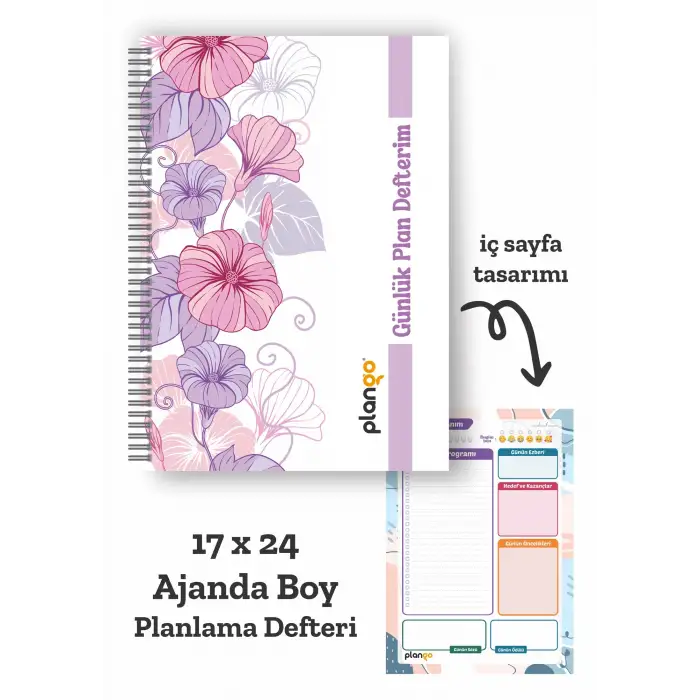 Mor Çiçekler Spiralli Günlük Planlama Defteri - 100 Sayfa - 17x24 Planlayıcı Defter