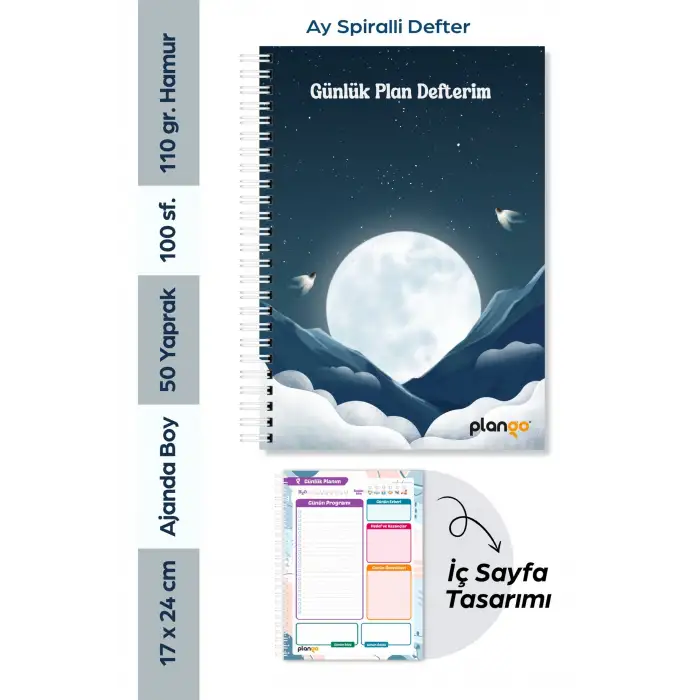 Ay ve Bulutlar Spiralli Günlük Planlama Defteri - 100 Sayfa - 17x24 Planlayıcı Defter
