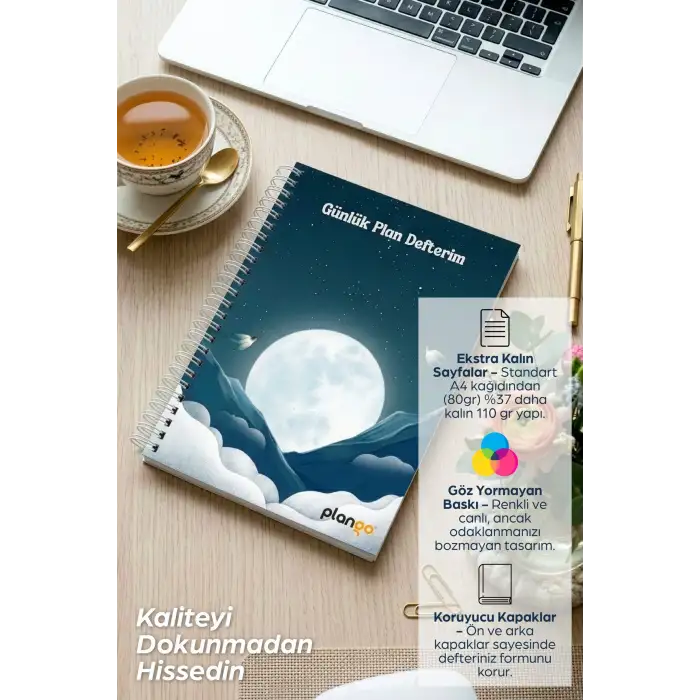 Ay ve Bulutlar Spiralli Günlük Planlama Defteri - 100 Sayfa - 17x24 Planlayıcı Defter