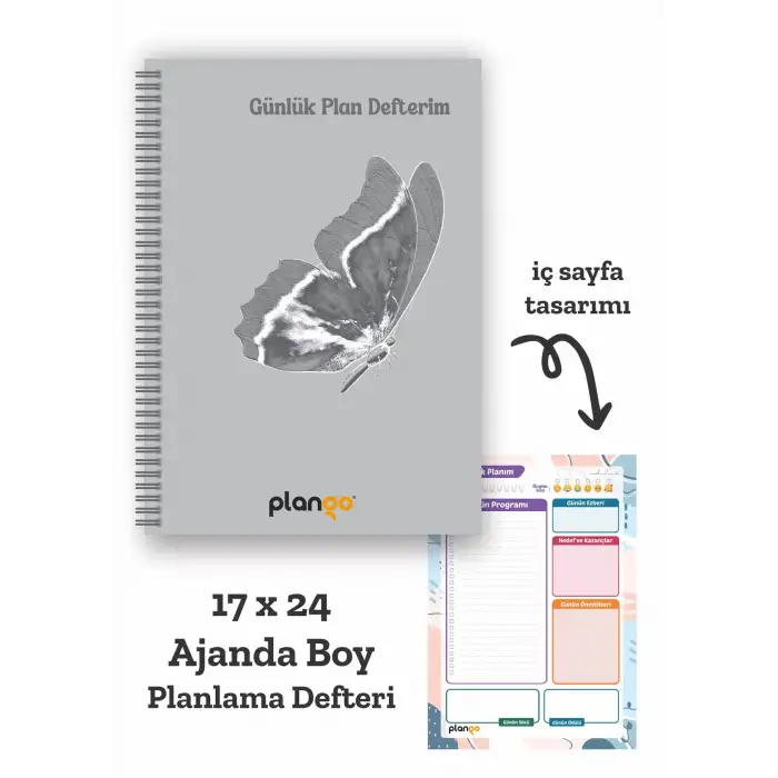 Gri Kelebek Spiralli Günlük Planlama Defteri - 100 Sayfa - 17x24 Planlayıcı Defter