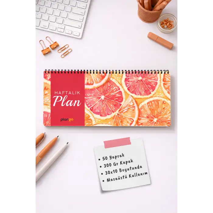 Tarihsiz Spiralli Haftalık Masaüstü Planlayıcı - PORTAKAL - 10x30 cm Plango