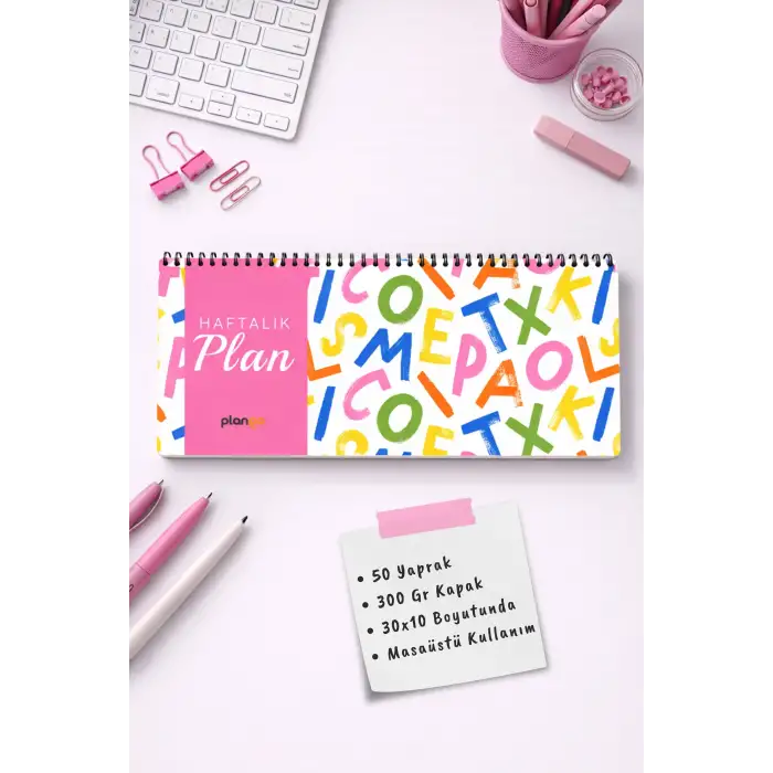 Tarihsiz Spiralli Haftalık Masaüstü Planlayıcı - Karışık Harfler - 10x30 cm Plango