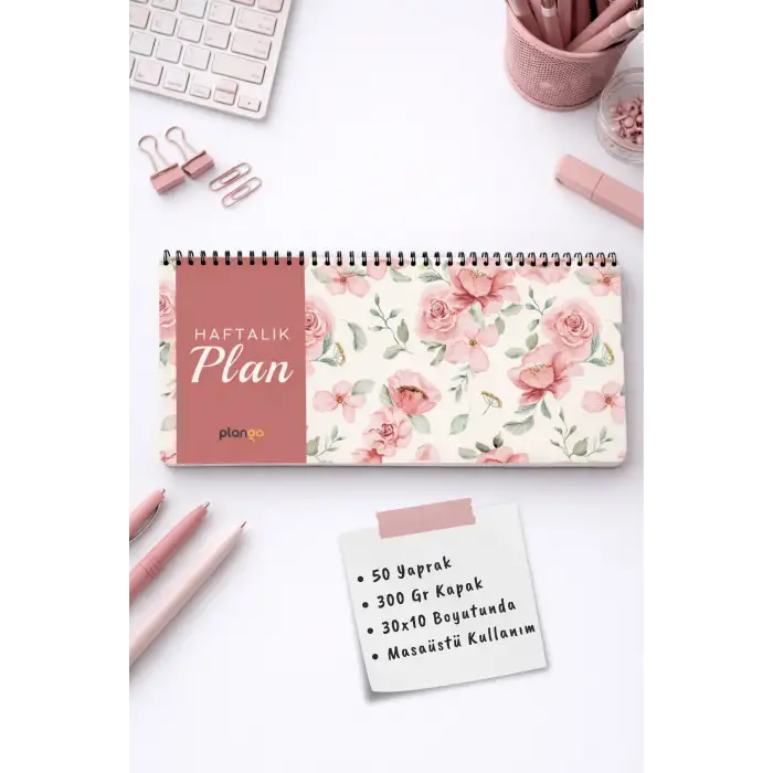 Tarihsiz Spiralli Haftalık Masaüstü Planlayıcı - GÜL - 10x30 cm Plango