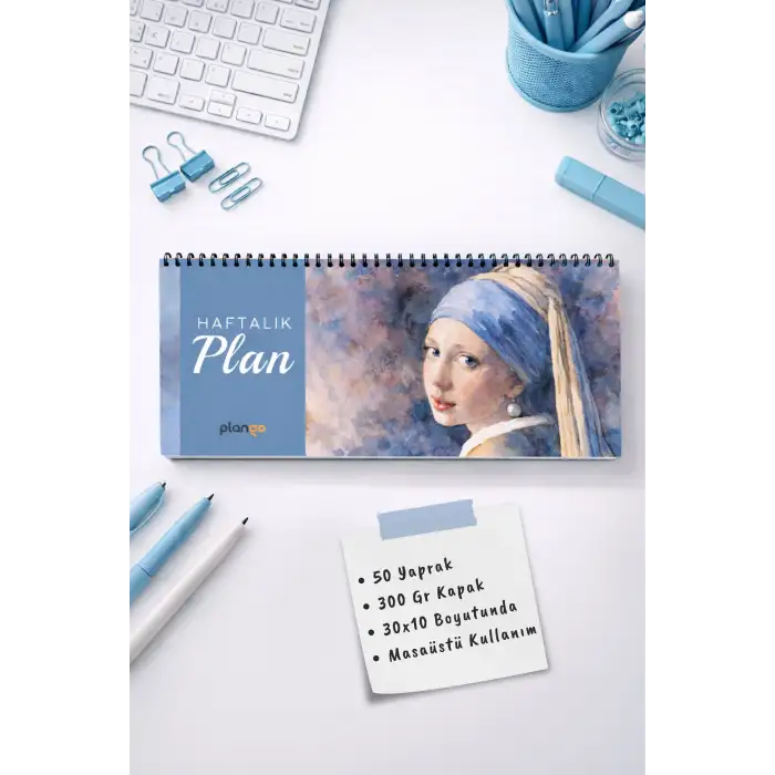 Tarihsiz Spiralli Haftalık Masaüstü Planlayıcı - İNCİ KÜPELİ KIZ - 10x30 cm Plango