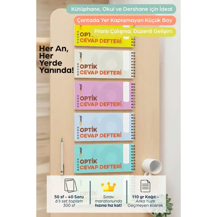 Optik Cevap Defteri TÜM RENKLER (6 Adet - 300 Sayfa) Sınava Hazırlık Optik Form Defteri - Plango