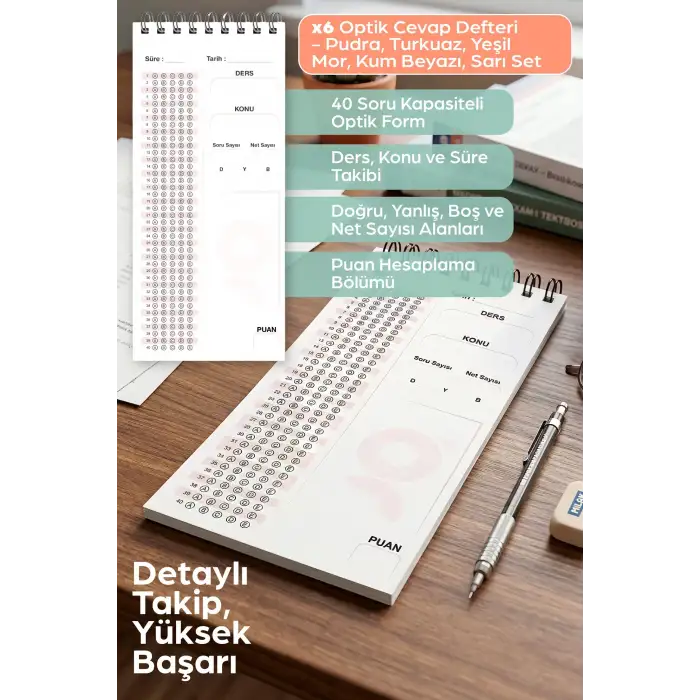 Optik Cevap Defteri TÜM RENKLER (6 Adet - 300 Sayfa) Sınava Hazırlık Optik Form Defteri - Plango
