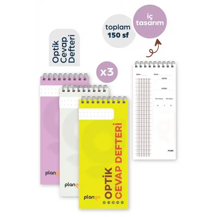 Optik Cevap Defteri YENİ KARMA (3 Adet - 150 Sayfa) Sınava Hazırlık Optik Form Defteri - Plango