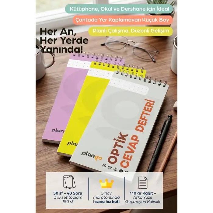 Optik Cevap Defteri YENİ KARMA (3 Adet - 150 Sayfa) Sınava Hazırlık Optik Form Defteri - Plango