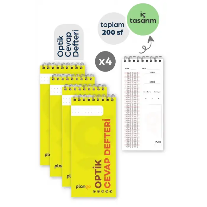 Optik Cevap Defteri SARI (4 Adet - 200 Sayfa) Sınava Hazırlık Optik Form Defteri - Plango