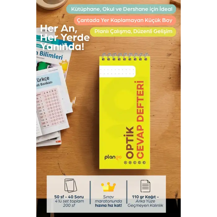Optik Cevap Defteri SARI (4 Adet - 200 Sayfa) Sınava Hazırlık Optik Form Defteri - Plango