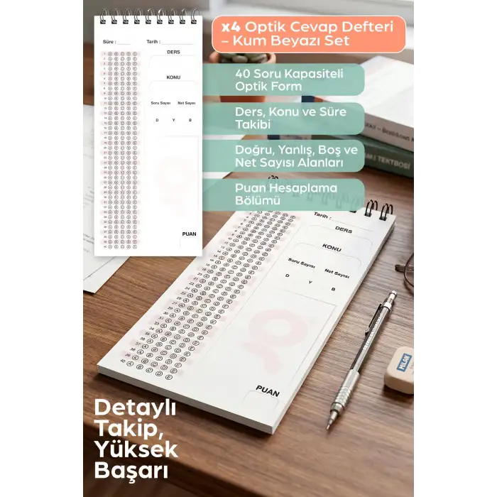 Optik Cevap Defteri KUM BEYAZI (4 Adet - 200 Sayfa) Sınava Hazırlık Optik Form Defteri - Plango