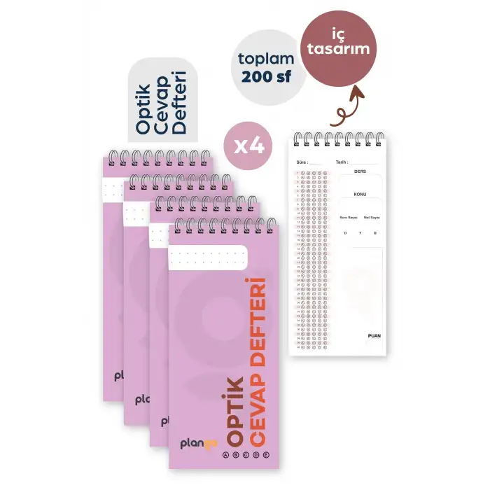 Optik Cevap Defteri MOR (4 Adet - 200 Sayfa) Sınava Hazırlık Optik Form Defteri - Plango