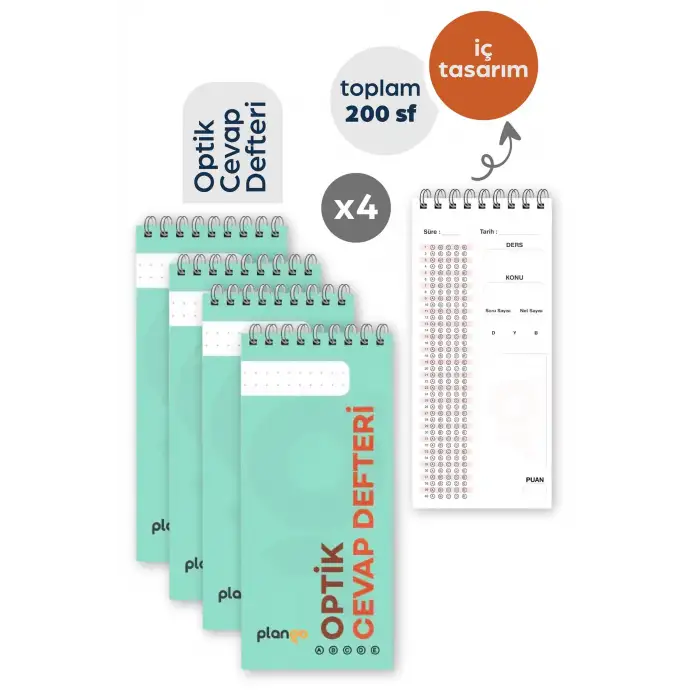 Optik Cevap Defteri YEŞİL (4 Adet - 200 Sayfa) Sınava Hazırlık Optik Form Defteri - Plango