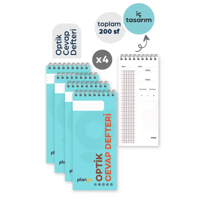 Optik Cevap Defteri TURKUAZ (4 Adet - 200 Sayfa) Sınava Hazırlık Optik Form Defteri - Plango