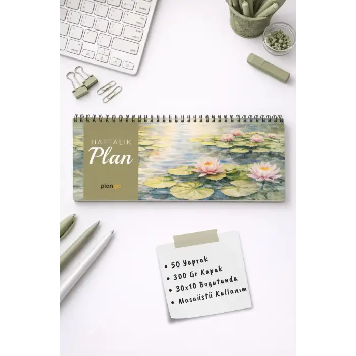Tarihsiz Spiralli Haftalık Masaüstü Planlayıcı - NİLÜFER LOTUS  - 10x30 cm Plango