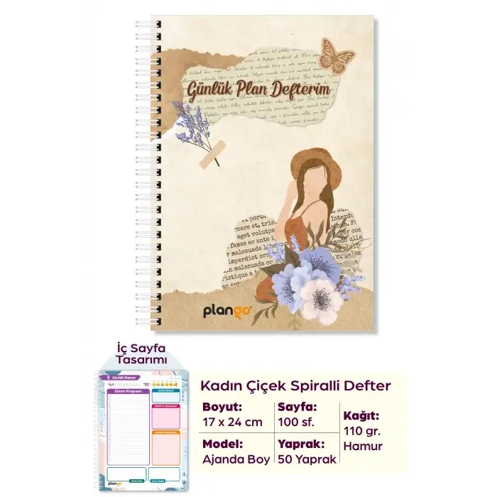 Kadın ve Çiçek Spiralli Günlük Planlama Defteri - 100 Sayfa - 17x24 Planlayıcı Defter