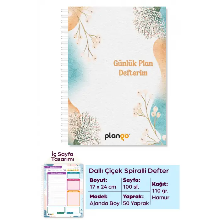 Suluboya Çiçek Spiralli Günlük Planlama Defteri - 100 Sayfa - 17x24 Planlayıcı Defter