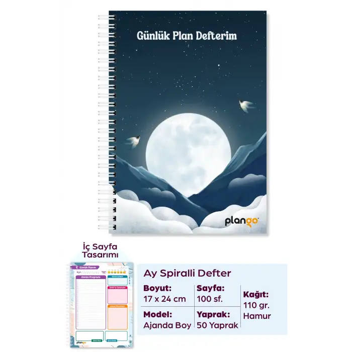 Ay ve Bulutlar Spiralli Günlük Planlama Defteri - 100 Sayfa - 17x24 Planlayıcı Defter