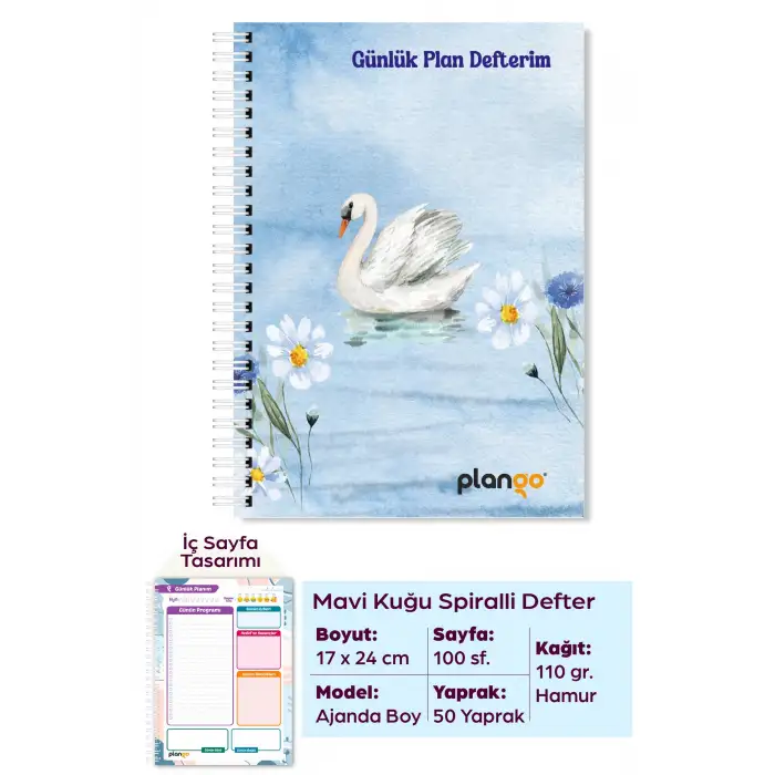 Mavi Kuğu Spiralli Günlük Planlama Defteri - 100 Sayfa - 17x24 Planlayıcı Defter