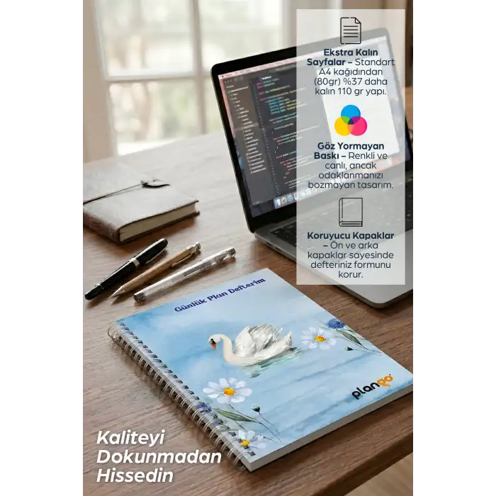 Mavi Kuğu Spiralli Günlük Planlama Defteri - 100 Sayfa - 17x24 Planlayıcı Defter