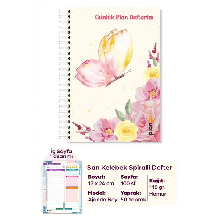 Sarı Kelebek Spiralli Günlük Planlama Defteri - 100 Sayfa - 17x24 Planlayıcı Defter