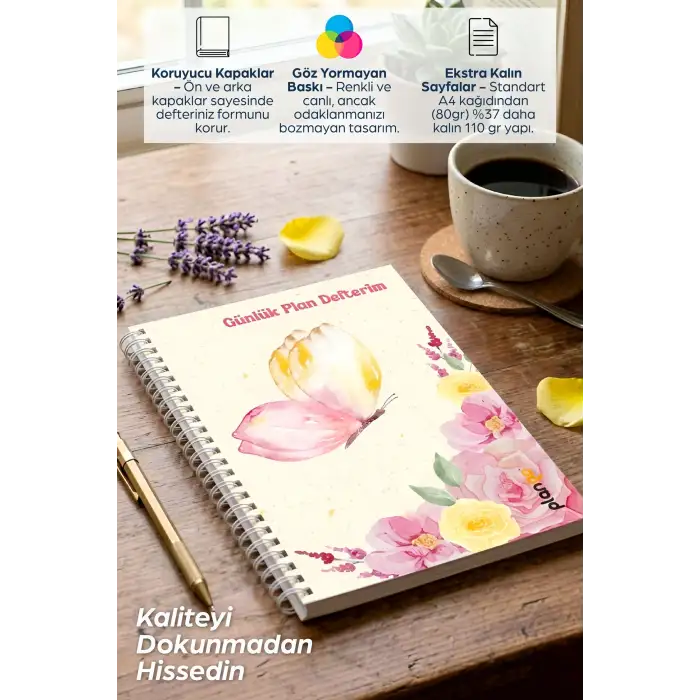 Sarı Kelebek Spiralli Günlük Planlama Defteri - 100 Sayfa - 17x24 Planlayıcı Defter