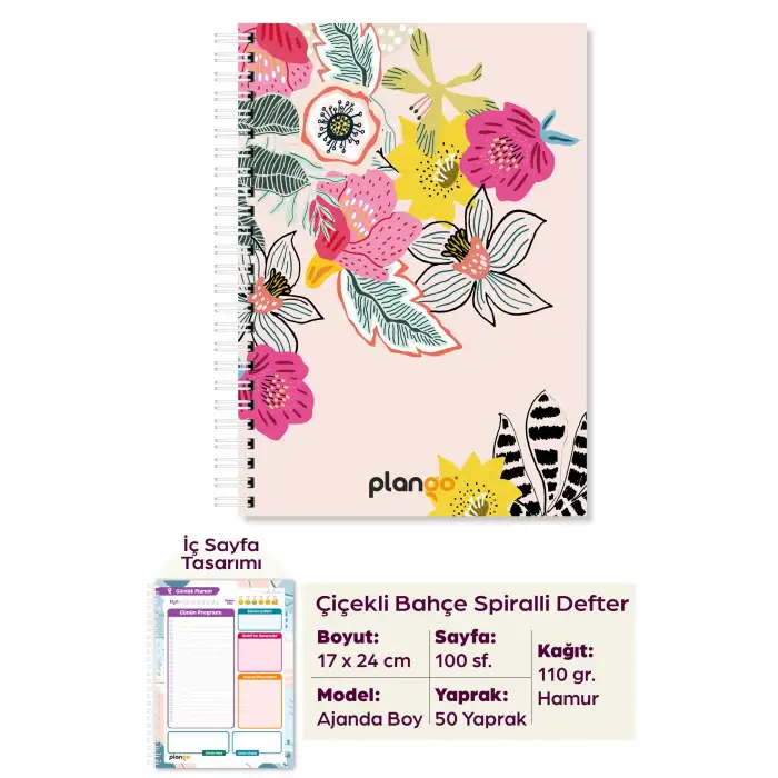 Renkli Çiçekler Spiralli Günlük Planlama Defteri - 100 Sayfa - 17x24 Planlayıcı Defter