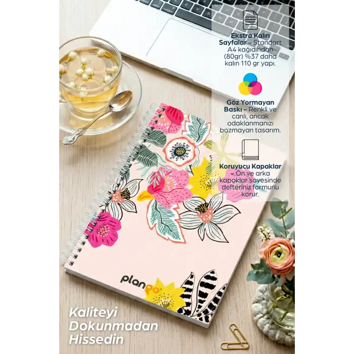 Renkli Çiçekler Spiralli Günlük Planlama Defteri - 100 Sayfa - 17x24 Planlayıcı Defter
