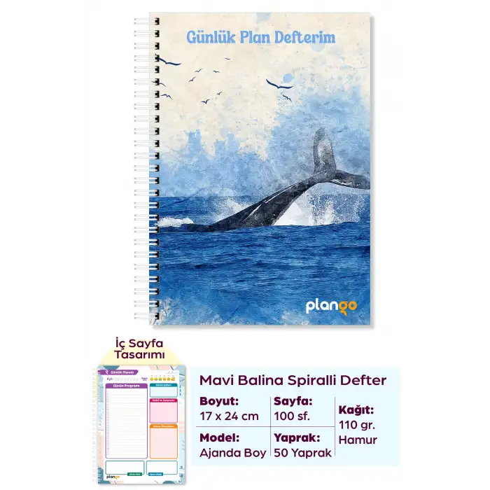 Mavi Balina Spiralli Günlük Planlama Defteri - 100 Sayfa - 17x24 Planlayıcı Defter