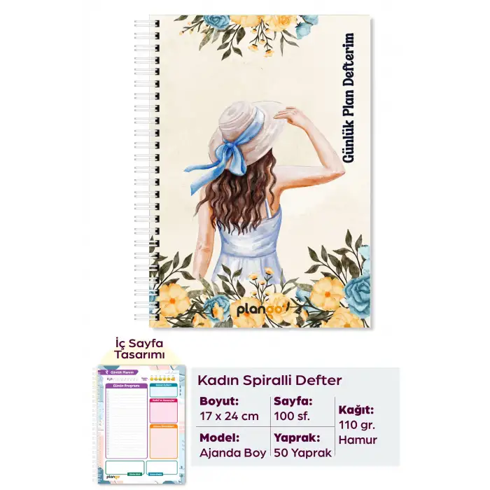 Şapkalı Kadın Spiralli Günlük Planlama Defteri - 100 Sayfa - 17x24 Planlayıcı Defter