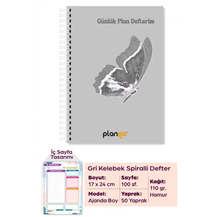Gri Kelebek Spiralli Günlük Planlama Defteri - 100 Sayfa - 17x24 Planlayıcı Defter