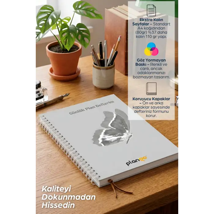 Gri Kelebek Spiralli Günlük Planlama Defteri - 100 Sayfa - 17x24 Planlayıcı Defter
