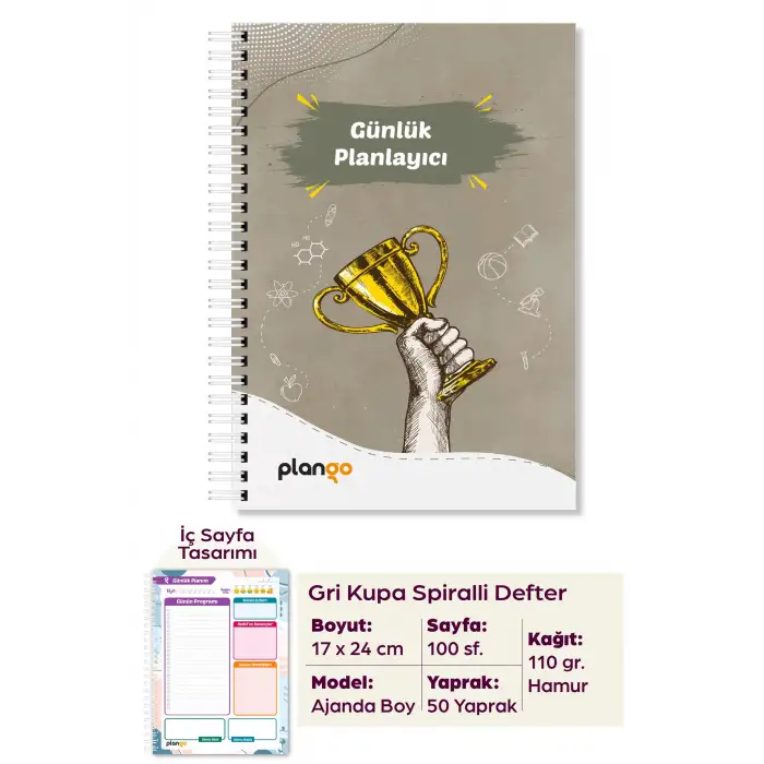 Gri Kupa Günlük Planlayıcı Defter -  Ders Çalışma Planlayıcı Defteri - Planlama Defte