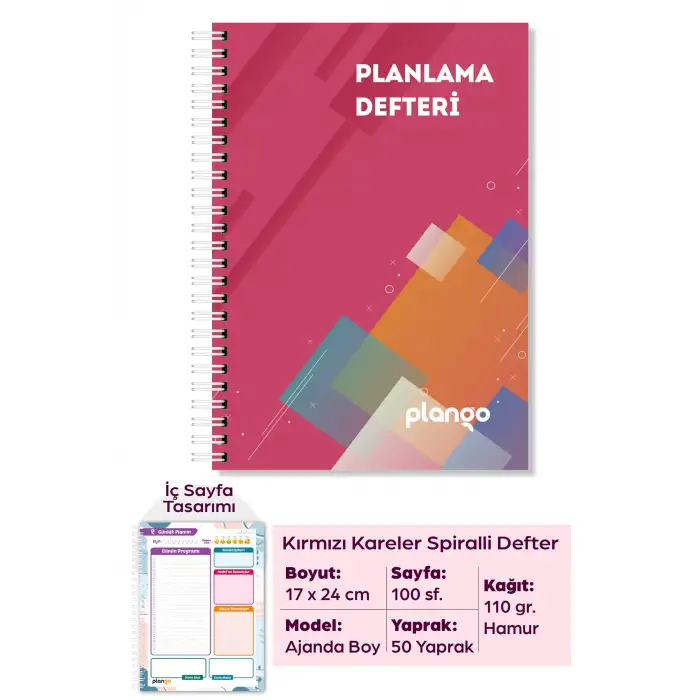 Kırmızı Kareler Günlük Planlayıcı Defter - Ders Çalışma Planlayıcı Defteri - Planlam