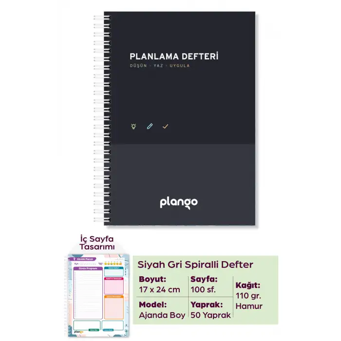 Siyah - Gri Günlük Planlayıcı Defter - Ders Çalışma Planlayıcı Defteri - Planlama Defteri