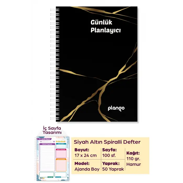 Siyah - Gold Günlük Planlayıcı Defter - Ders Çalışma Planlayıcı Defteri - Planlama Defteri