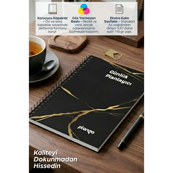 Siyah - Gold Günlük Planlayıcı Defter - Ders Çalışma Planlayıcı Defteri - Planlama Defteri