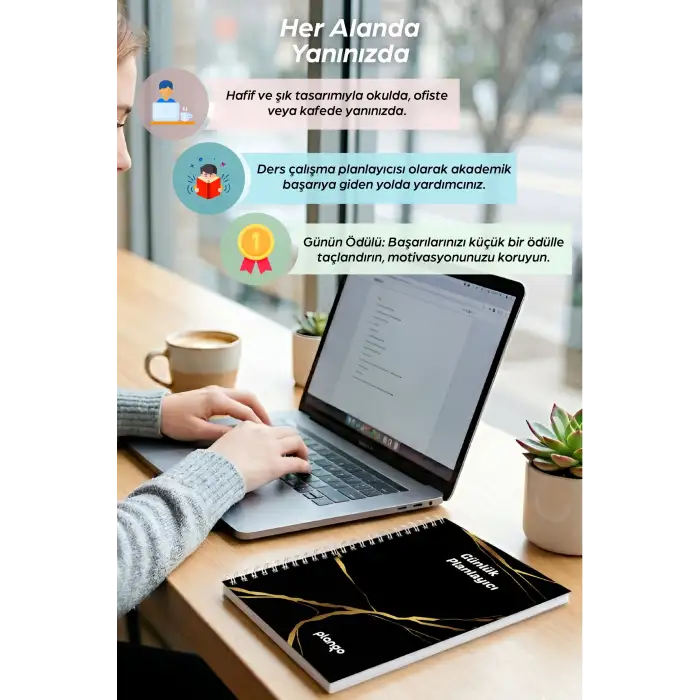 Siyah - Gold Günlük Planlayıcı Defter - Ders Çalışma Planlayıcı Defteri - Planlama Defteri